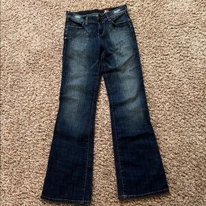 Juniors dark blue denim low rise flared jeans